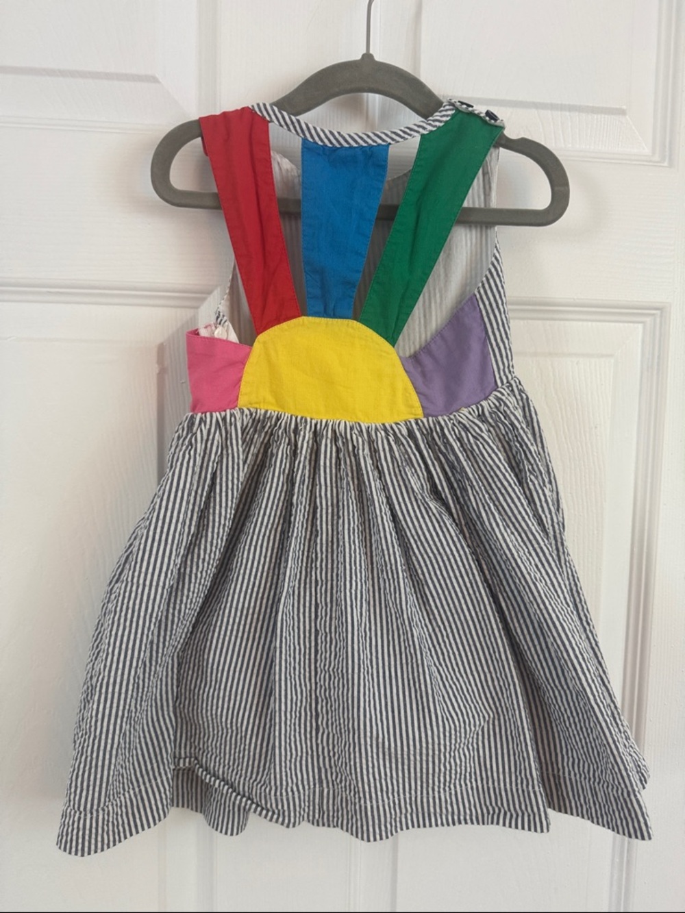 Mini Boden Toddler’s Zadie Applique Back Dress Seersucker Rainbow Sun